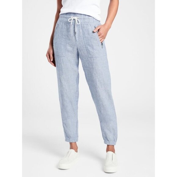 Athleta Cabo Linen Jogger Pants Size 12 Light Blue Elastic Waist & Drawstring WO - Picture 1 of 9